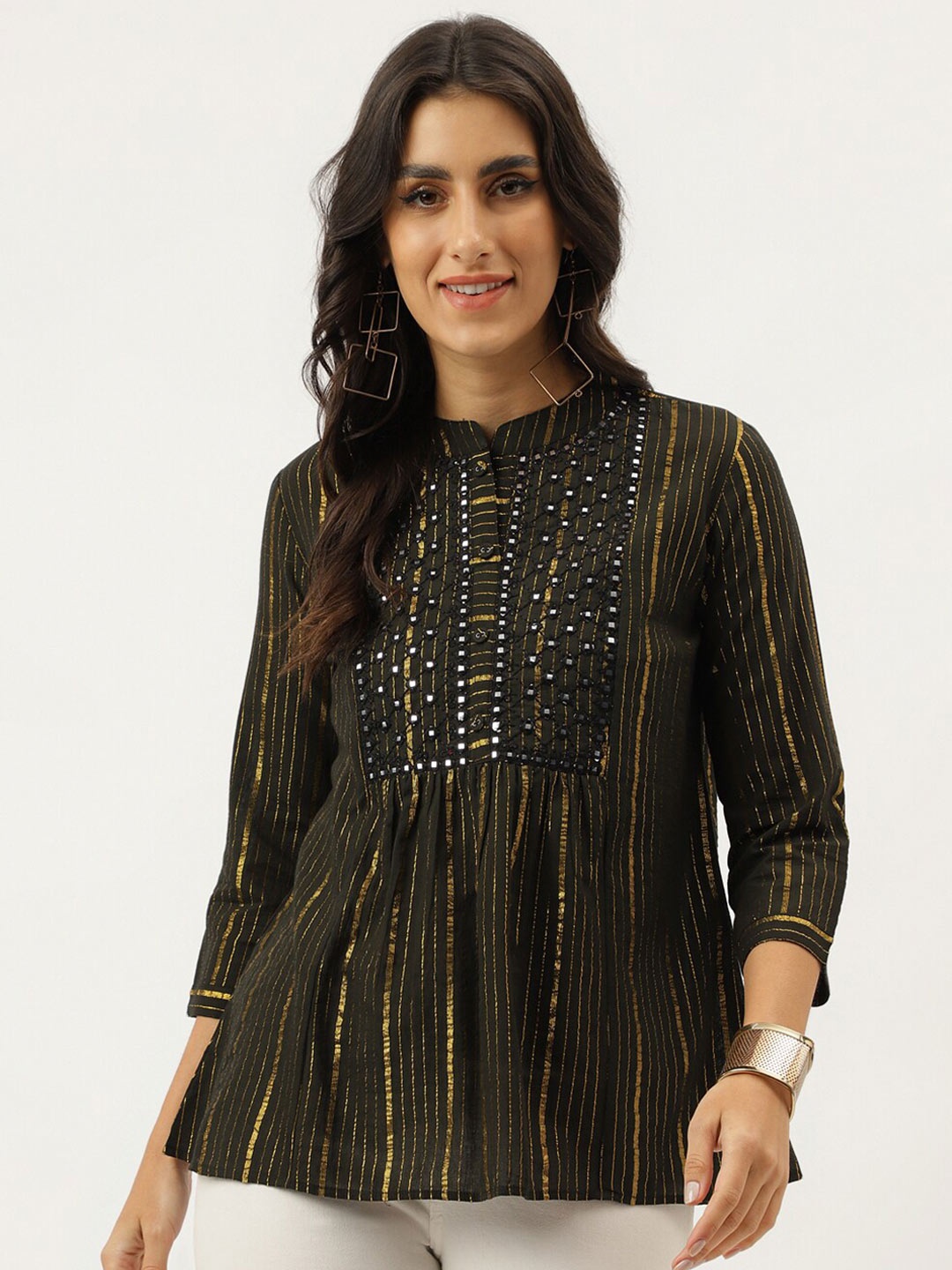 Neemiya Striped Mandarin Collar Mirror Work Pure Cotton Pleated A-Line Kurti, Black