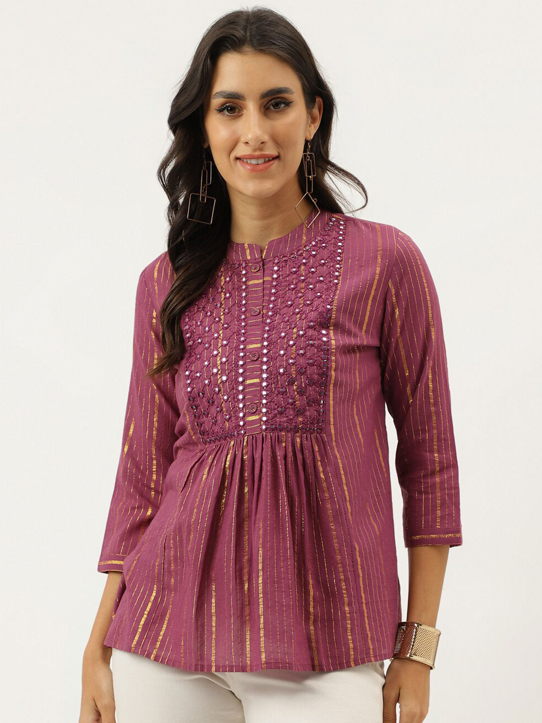 

Neemiya Striped Mandarin Collar Mirror Work Pure Cotton Pleated A-Line Kurti, Purple