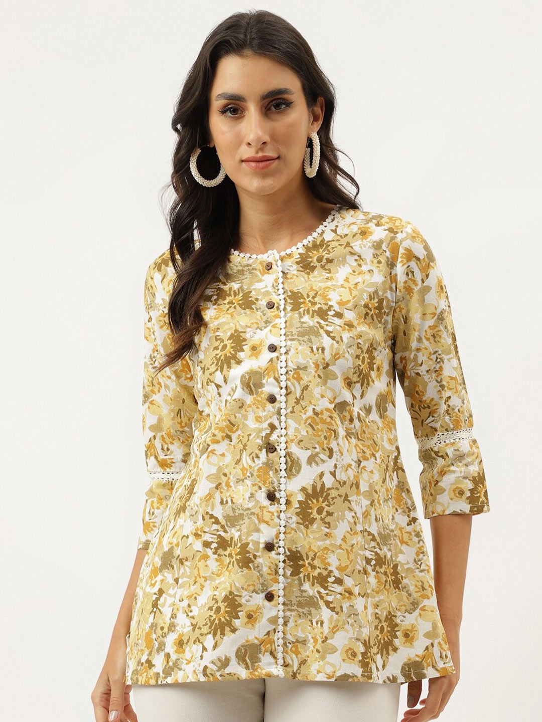 

Neemiya Floral Printed A-Line Kurti, Mustard