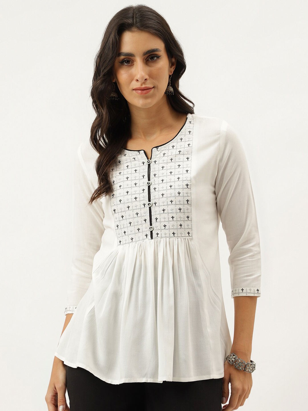 Neemiya Ethnic Motifs Embroidered Thread Work Pleated A-Line Kurti, White