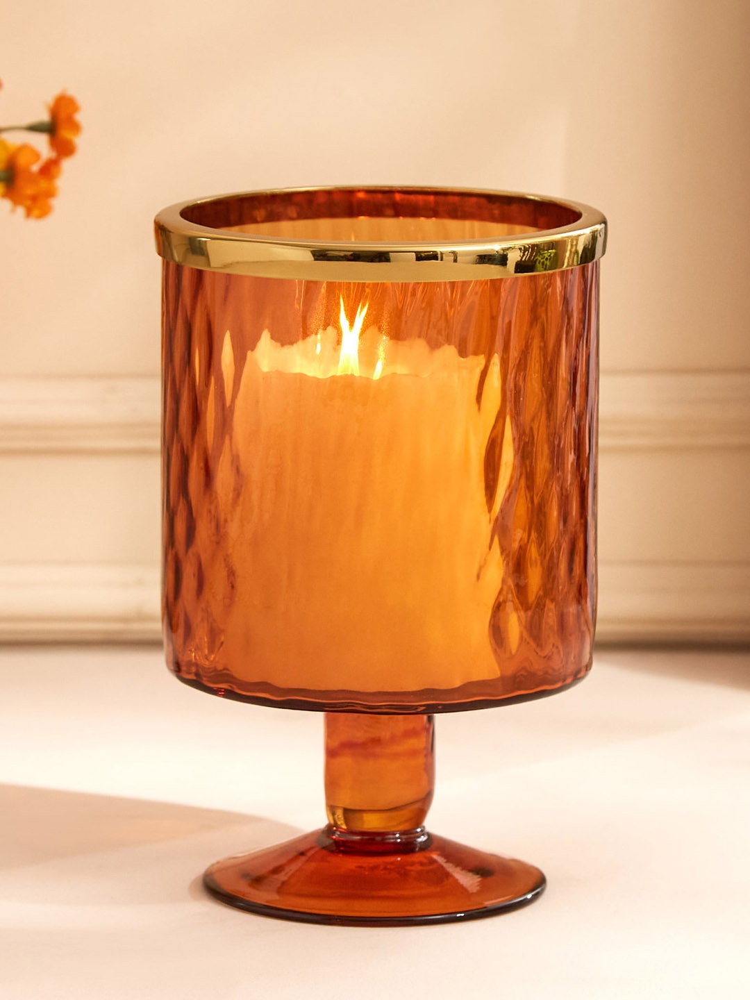 Home Centre Orange Bubbled Glass Hurricane Candle Holder