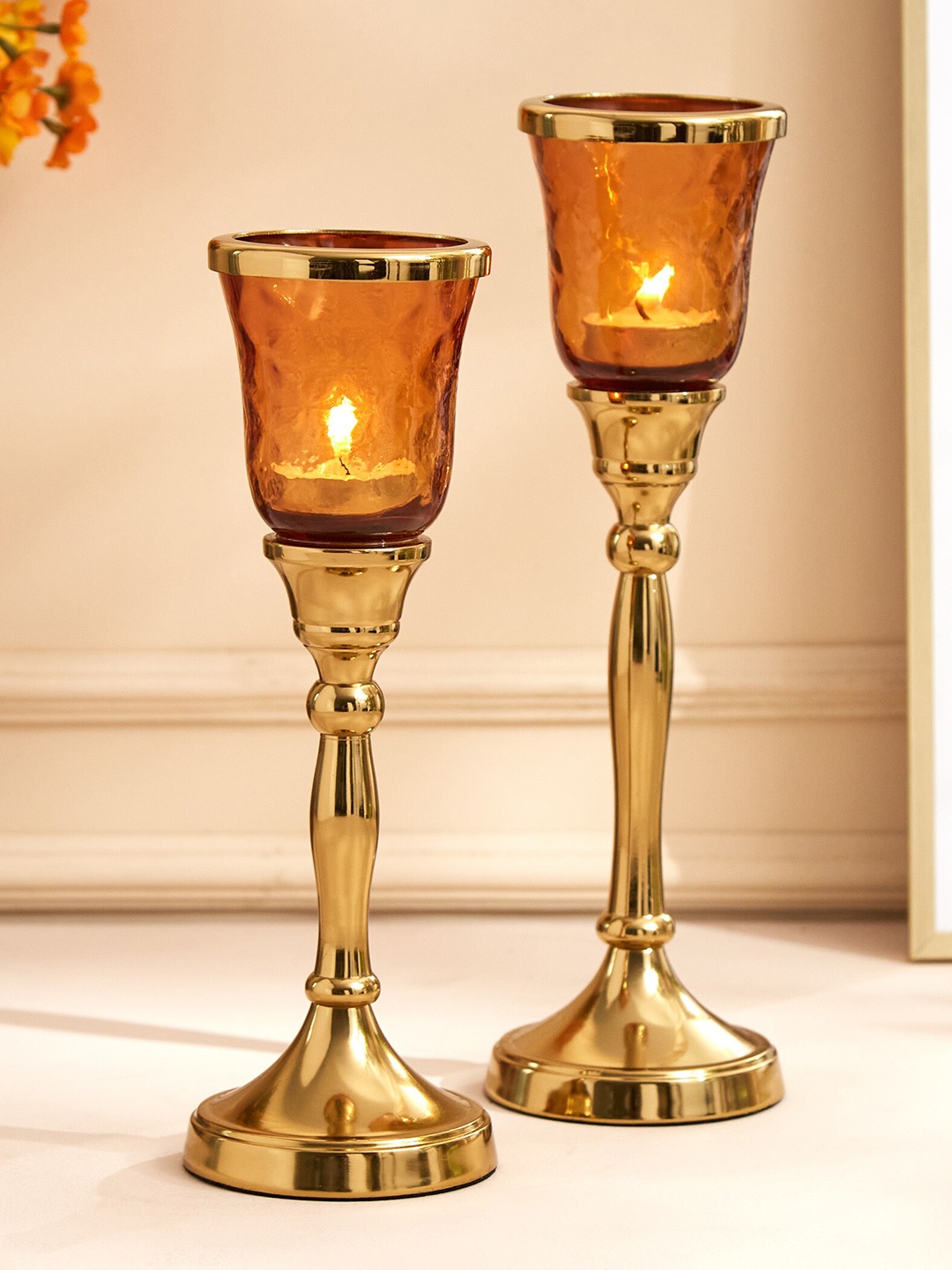 

Home Centre Fiesta Orange & Golden Bubbled Glass Pedestal T-Light Holder