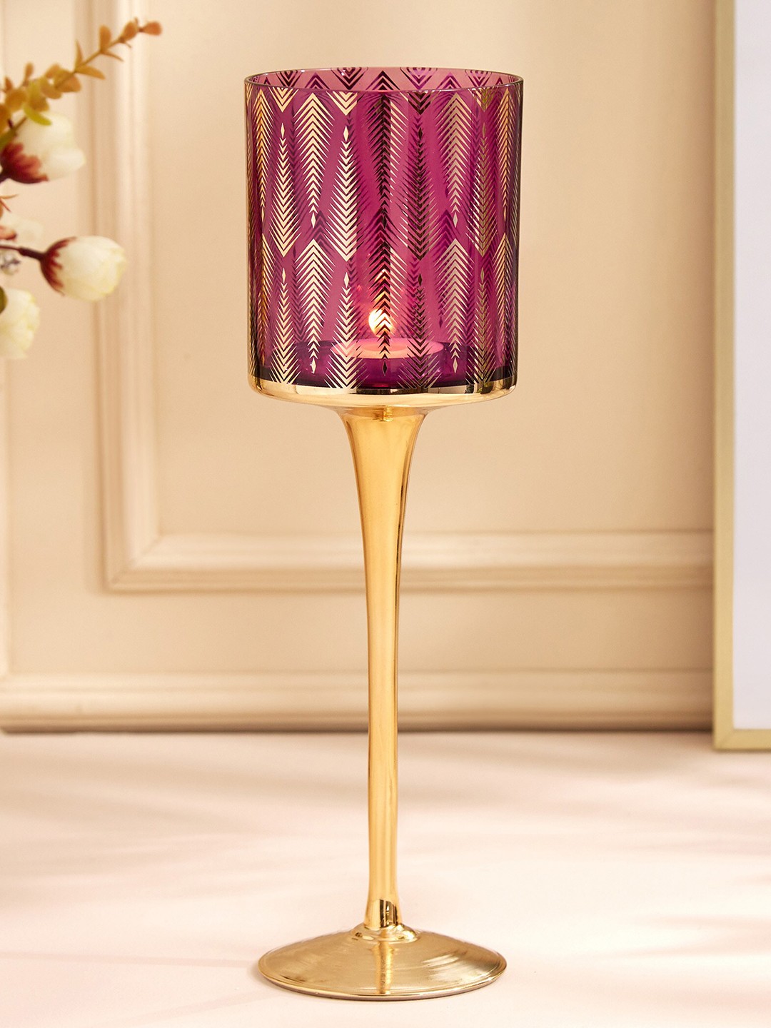 

Home Centre Purple Printed Glass Pedestal T-Light Holder