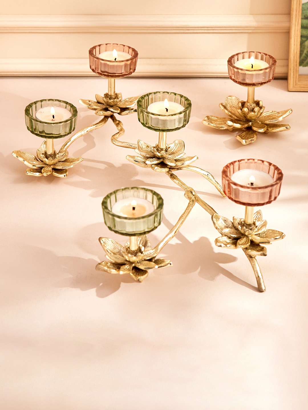 

Home Centre Pink & Green Textured Glass T-Light Holder With Metal Stand
