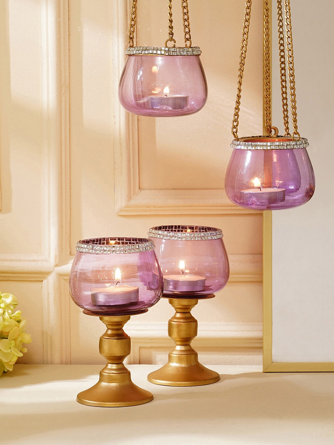 

Home Centre Purple & Brown 2 Pieces Embellished Glass Hanging T-Light Holders