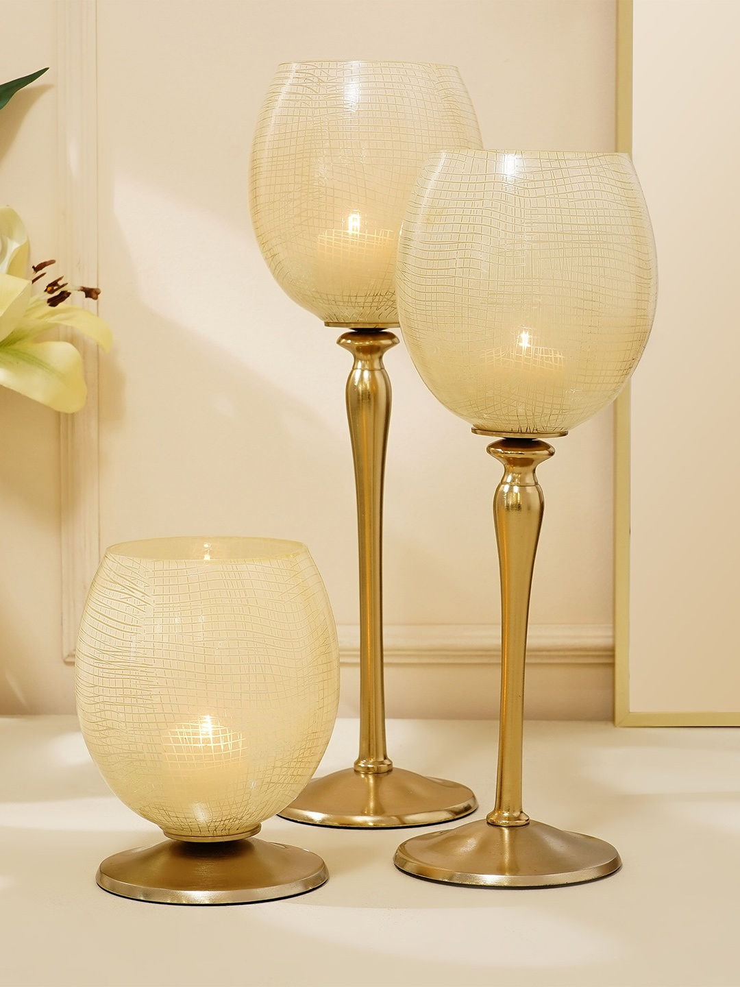 

Home Centre Golden Textured Glass Pedestal T-Light Holder, Gold