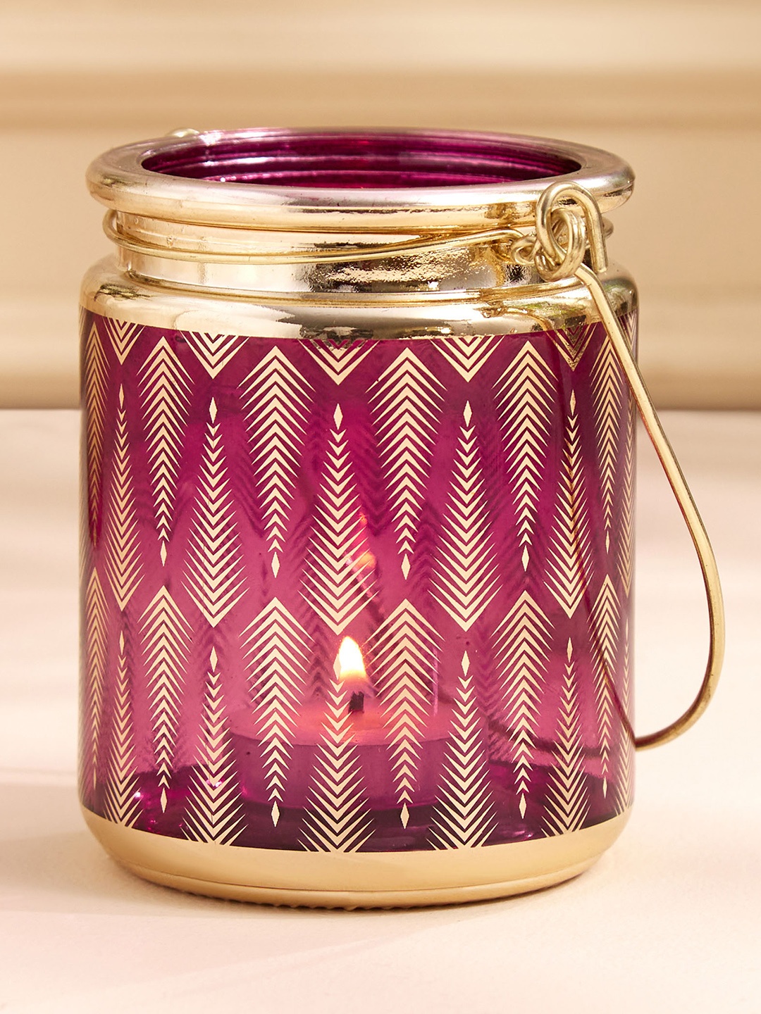 

Home Centre Maya Purple & Golden Printed Glass Hanging Lantern