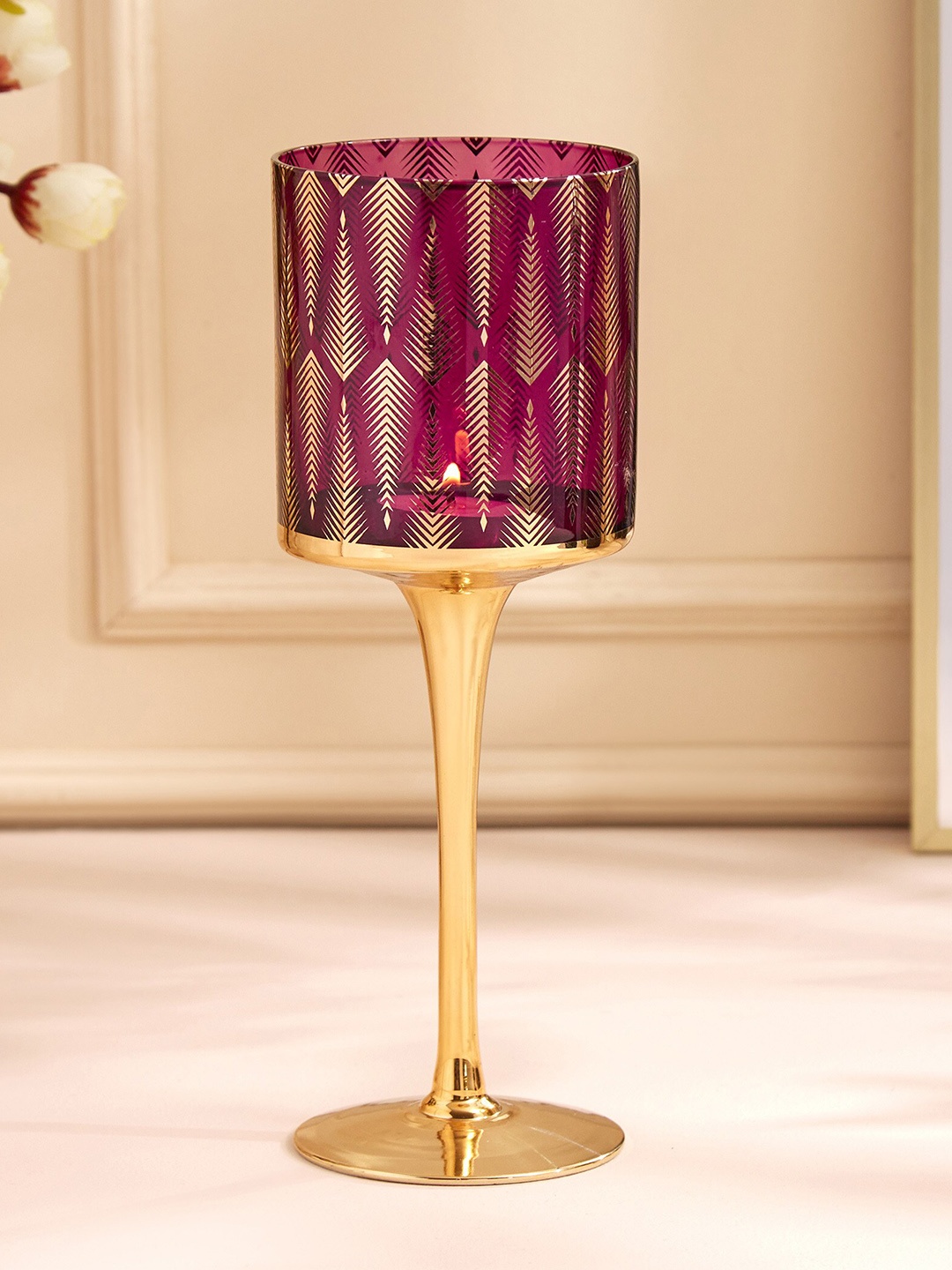 

Home Centre Purple & Brown Printed Glass Pedestal T-Light Holder