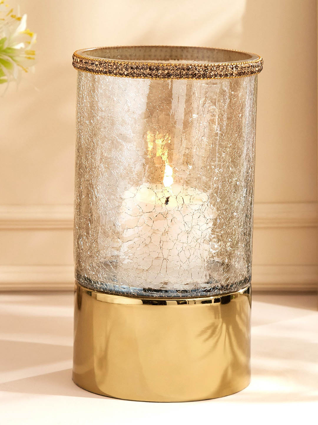 

Home Centre Golden Crackle Glass Hurricane Candle Holder, Gold