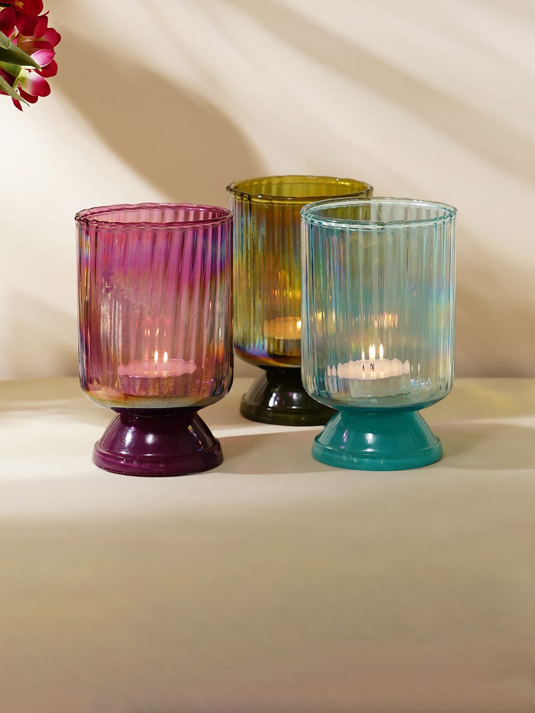 

Home Centre Purple & Green 3 Pieces Textured Glass Votive Holders