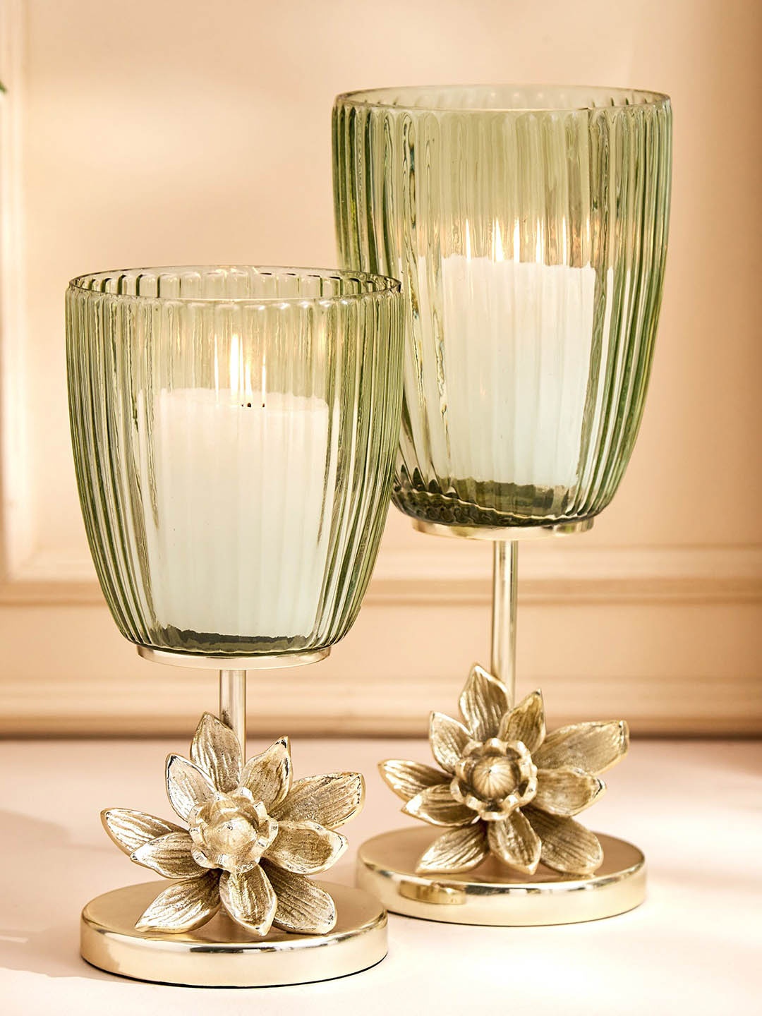 

Home Centre Green & Golden Ribbed Glass Hurricane Candle Holder