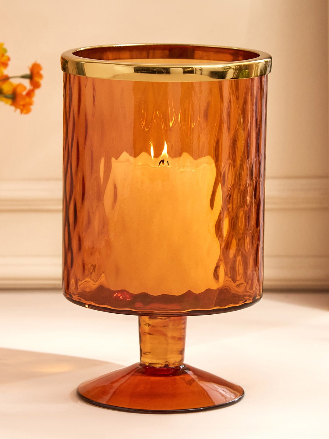 

Home Centre Orange Bubbled Glass Hurricane Candle Holder