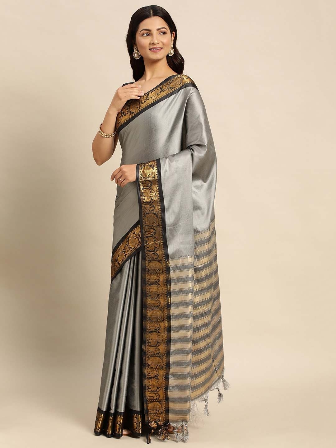 

Paramparik Textile Zari Silk Cotton Banarasi Saree, Grey