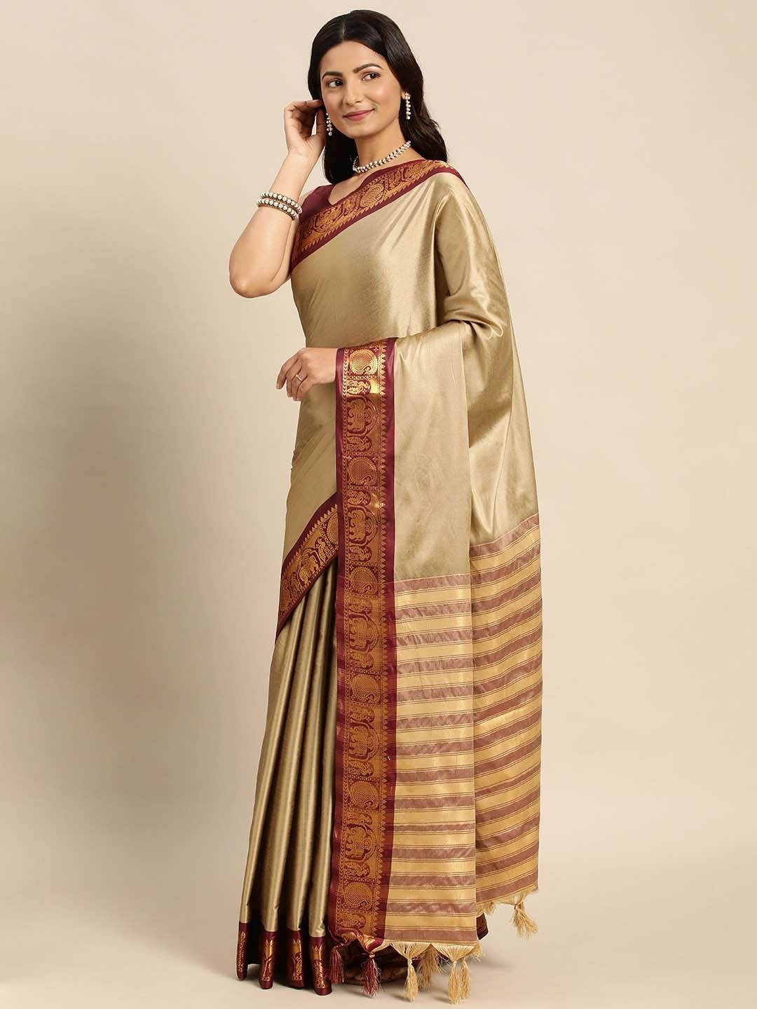 

Paramparik Textile Zari Silk Cotton Banarasi Saree, Beige