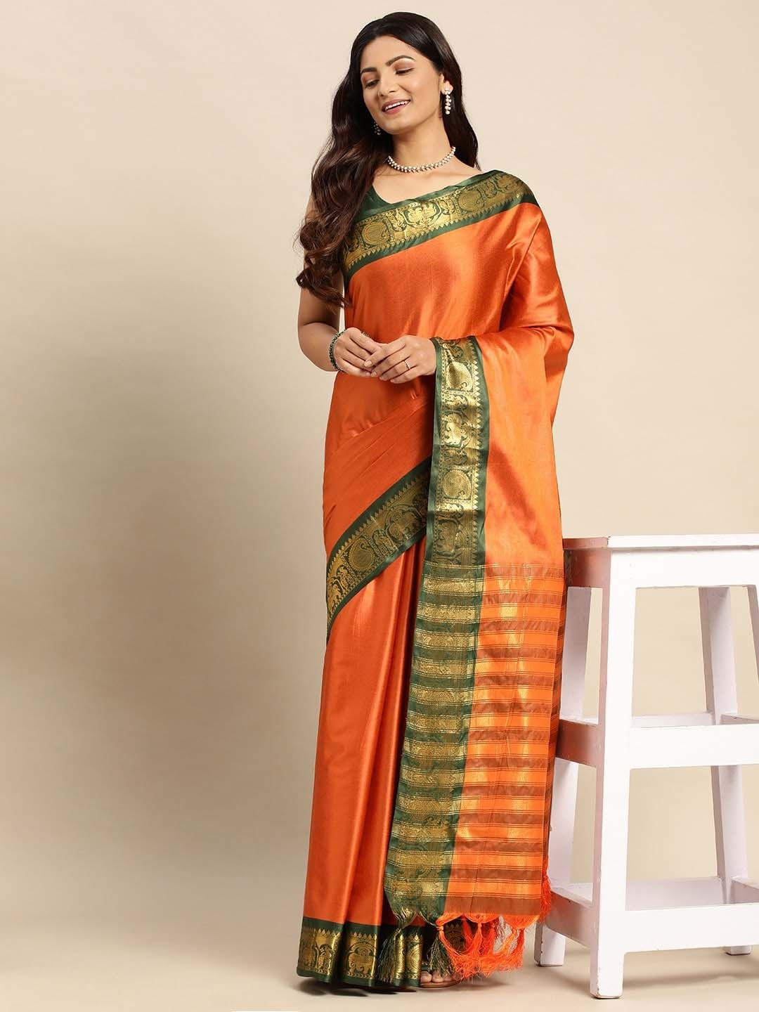 

Paramparik Textile Zari Silk Cotton Banarasi Saree, Orange