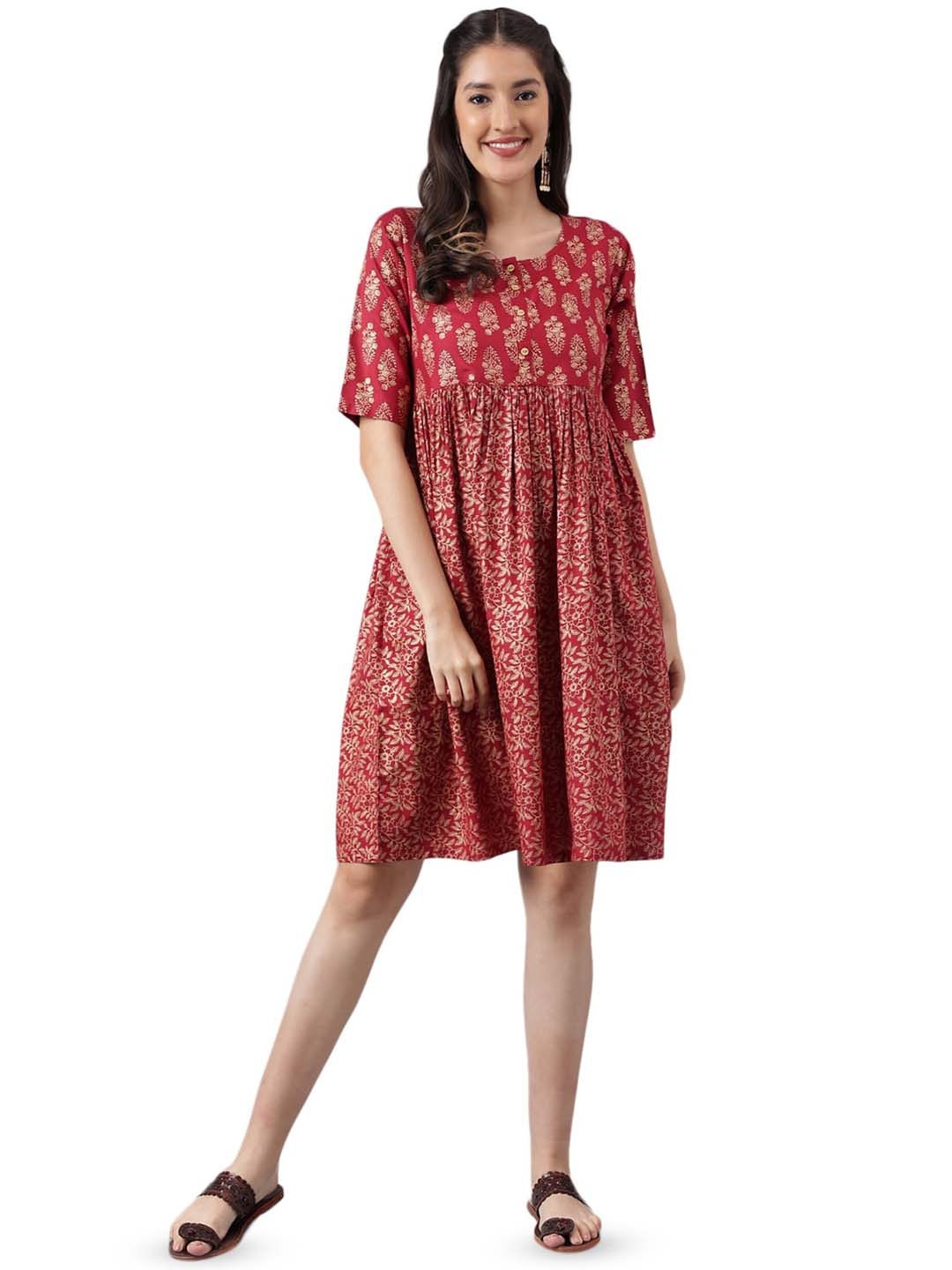 

KALINI Ethnic Motifs Printed Gathered Fit and Flare Dress, Maroon