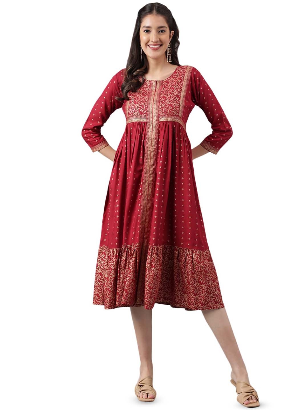 

KALINI Floral Printed Round Neck Gathered A-Line Midi Ethnic Dress, Maroon