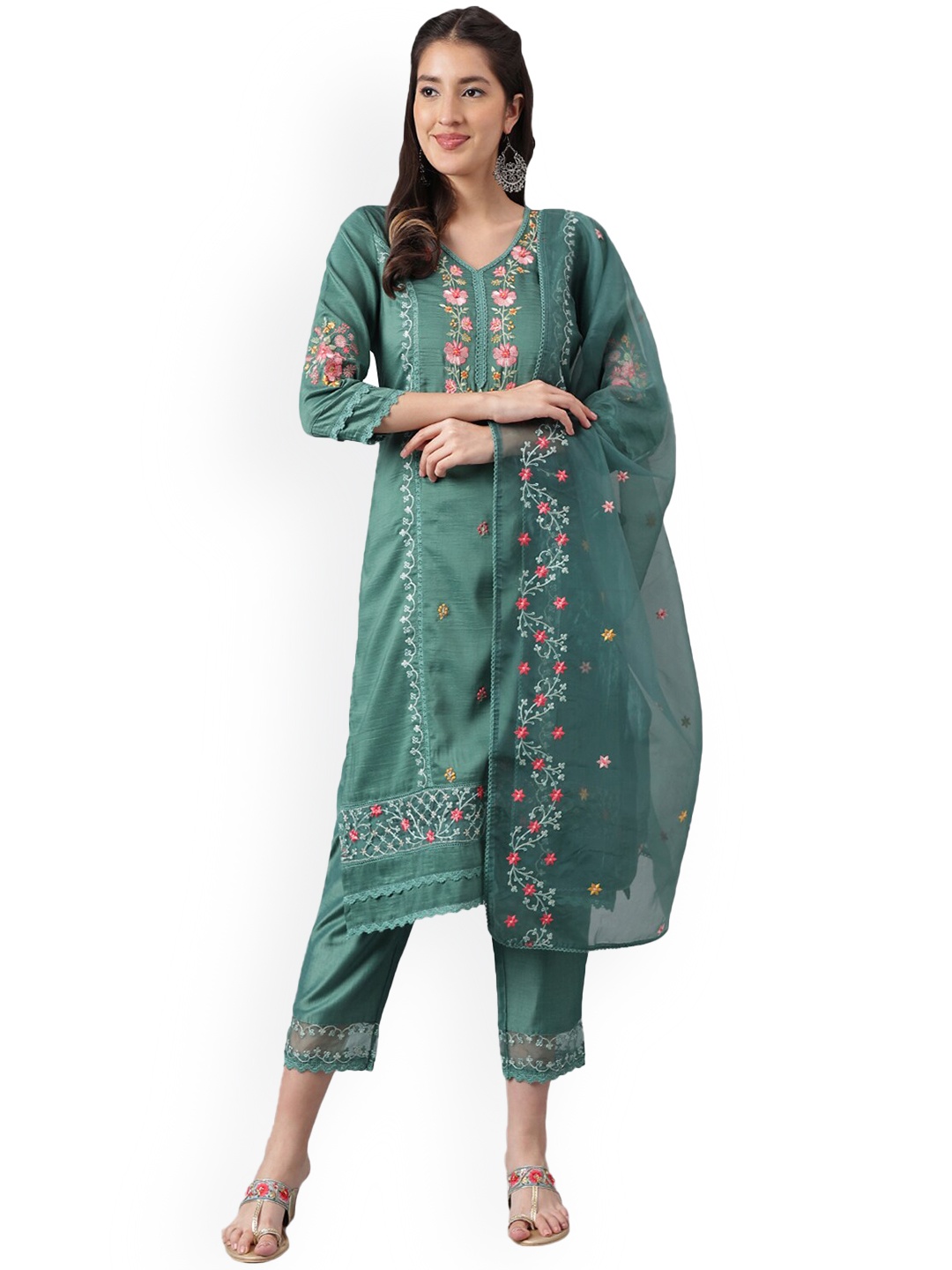 

KALINI Floral Embroidered Regular Thread Work Kurta With Trousers & Dupatta, Green