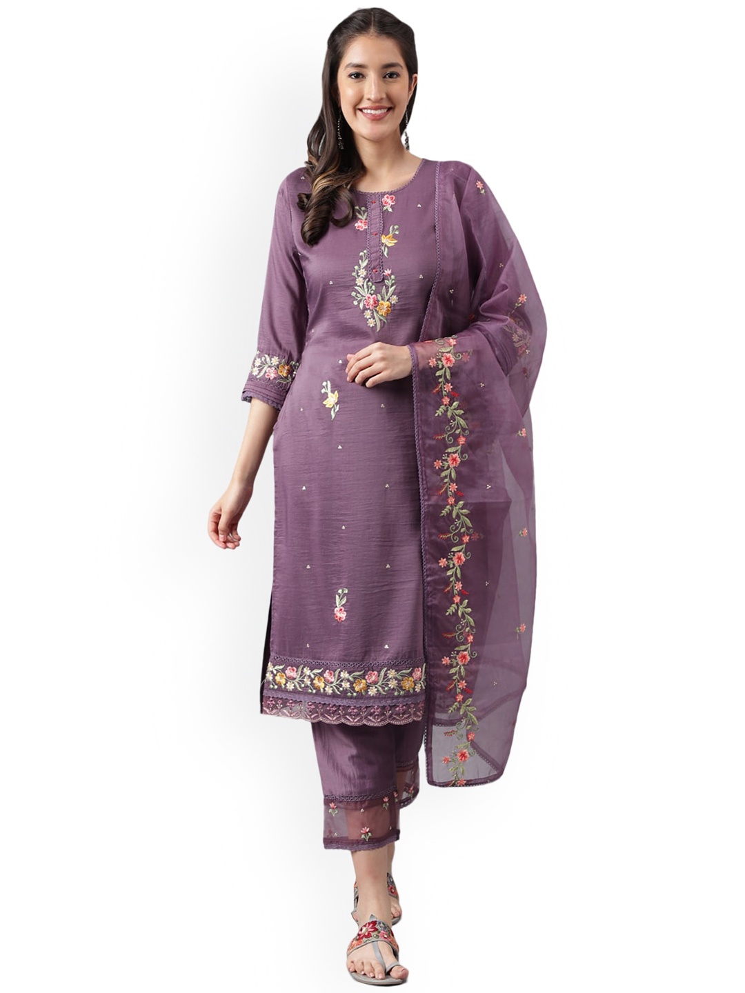 

KALINI Floral Embroidered Regular Thread Work Kurta With Trousers & Dupatta, Purple