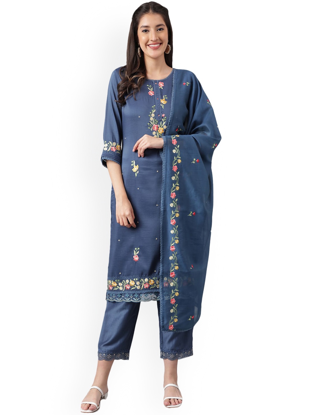 

KALINI Floral Embroidered Regular Thread Work Kurta With Trousers & Dupatta, Blue