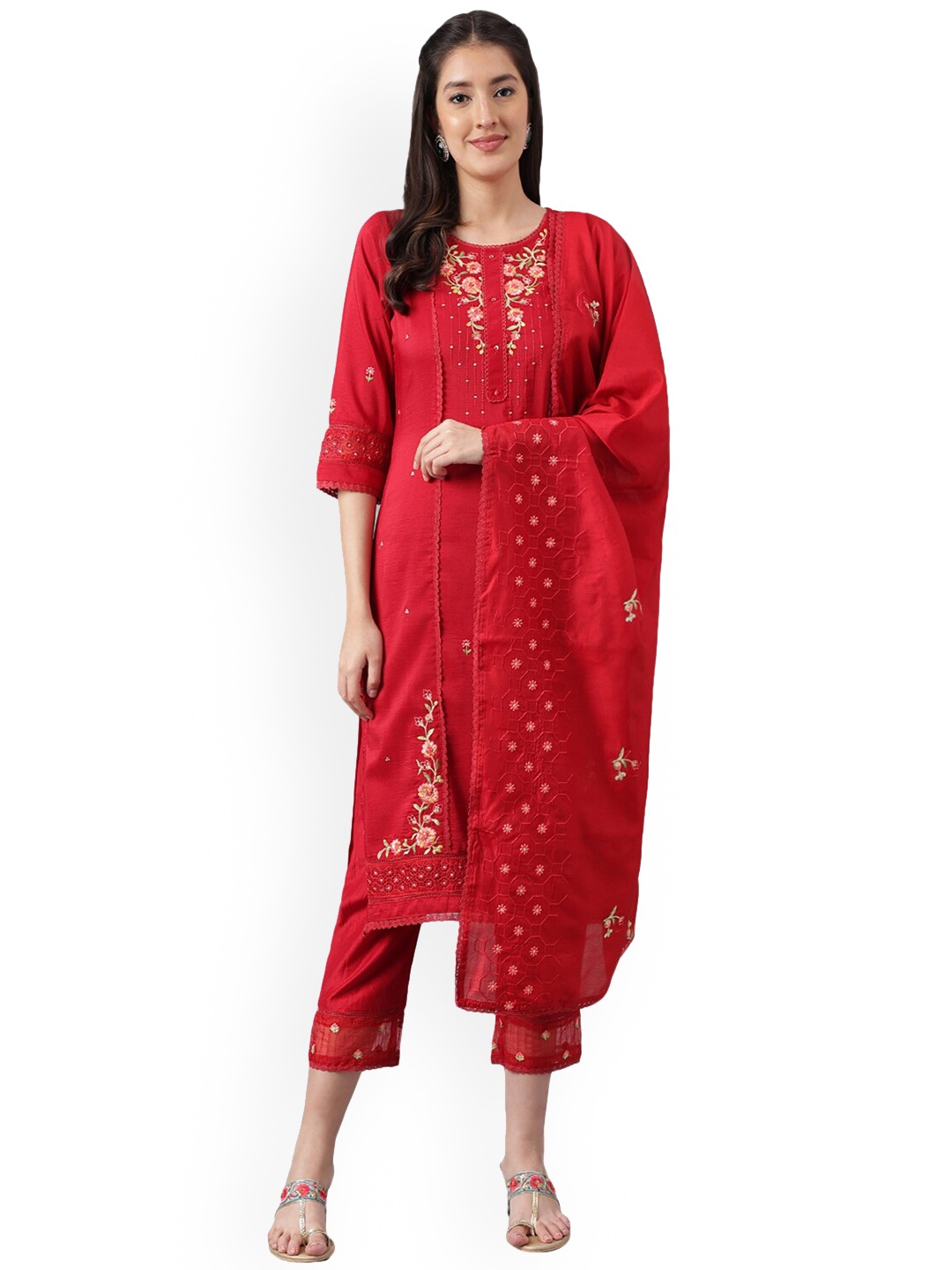 

KALINI Floral Embroidered Regular Thread Work Kurta With Trousers & Dupatta, Red