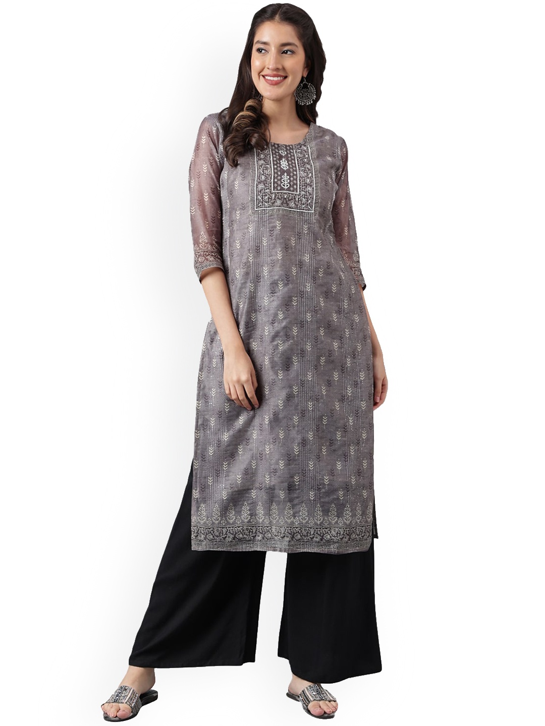 

KALINI Ethnic Motifs Printed Sequinned Straight Kurta, Grey