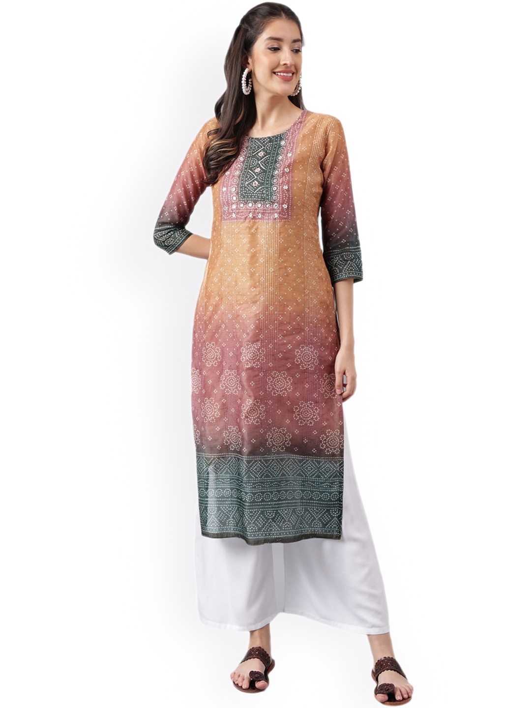 

KALINI Bandhani Printed Mirror Work Straight Kurta, Orange
