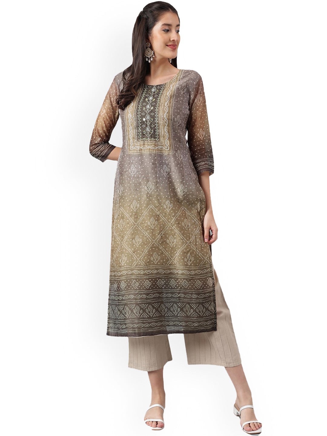 

KALINI Bandhani Printed Sequinned Straight Kurta, Brown