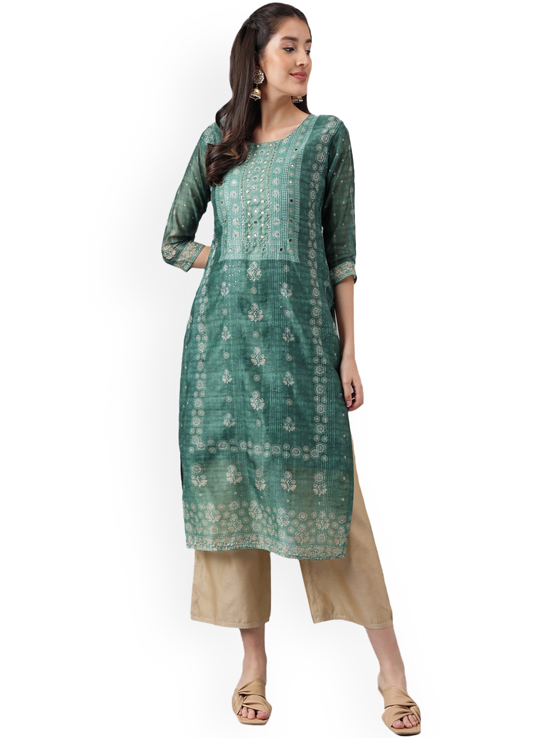 

KALINI Ethnic Motifs Printed Thread Work Kurta, Sea green