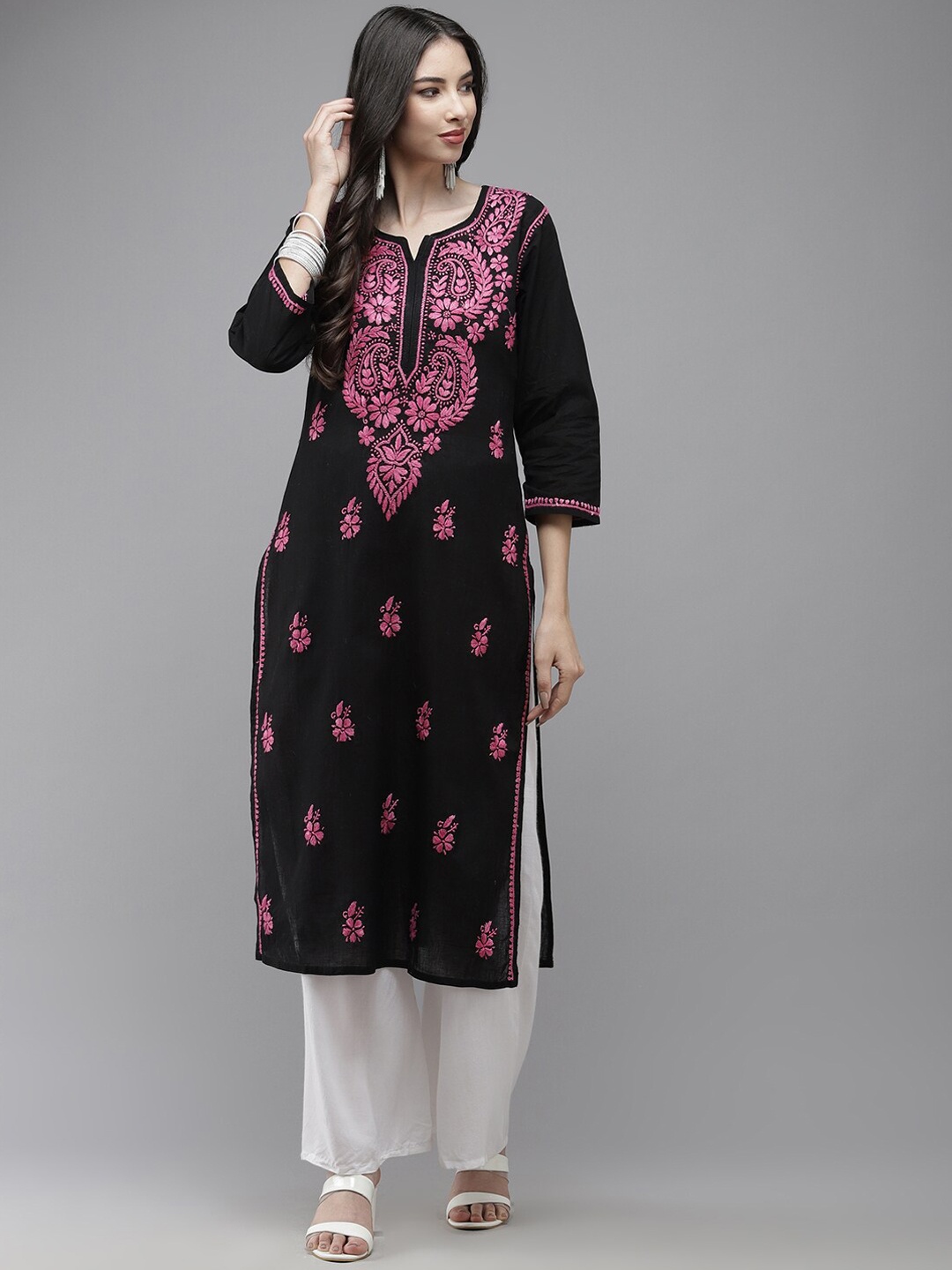 

ADA Floral Embroidered Lucknowi Chikankari Straight Kurta, Black