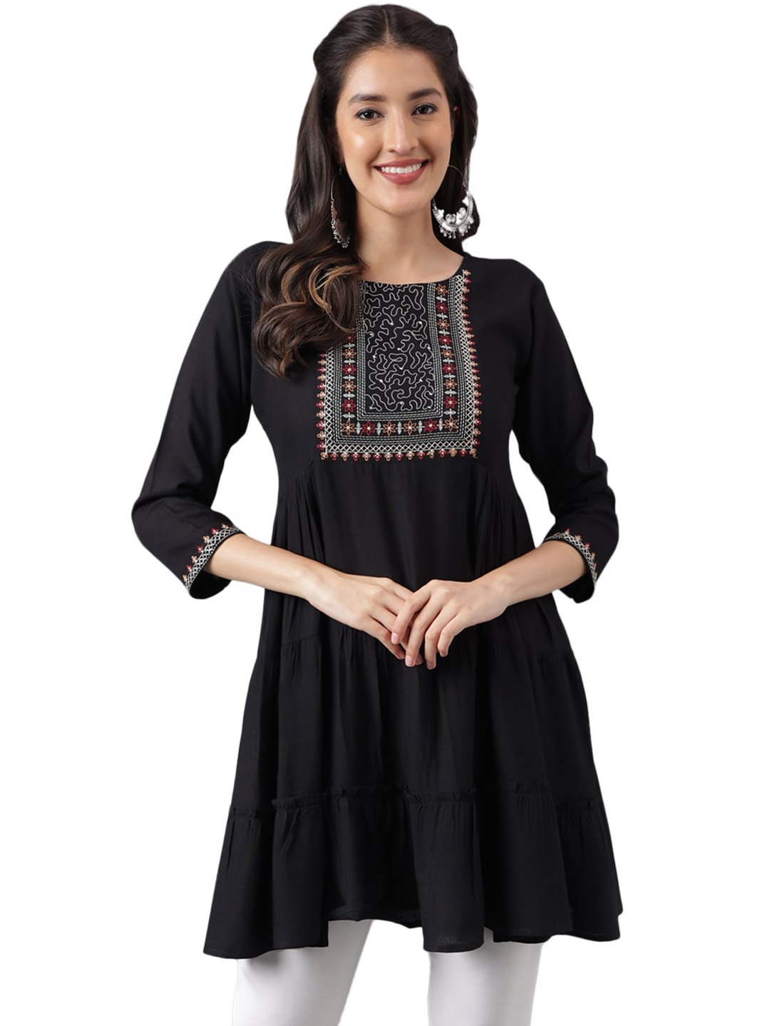 

KALINI Ethnic Motifs Yoke Design Thread Work Pleated A-Line Kurti, Black