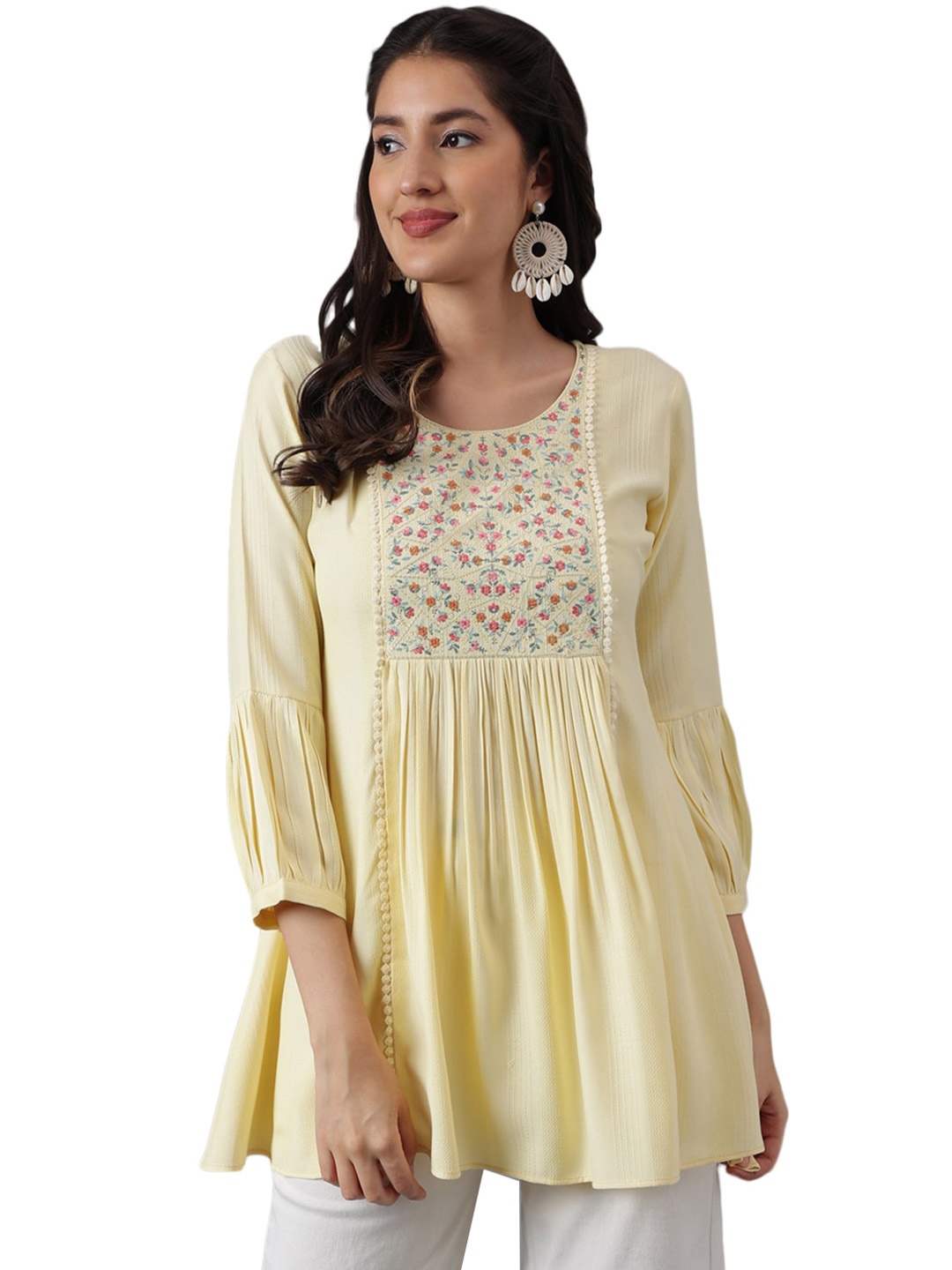 

KALINI Floral Embroidered Pleated A-Line Kurti, Yellow
