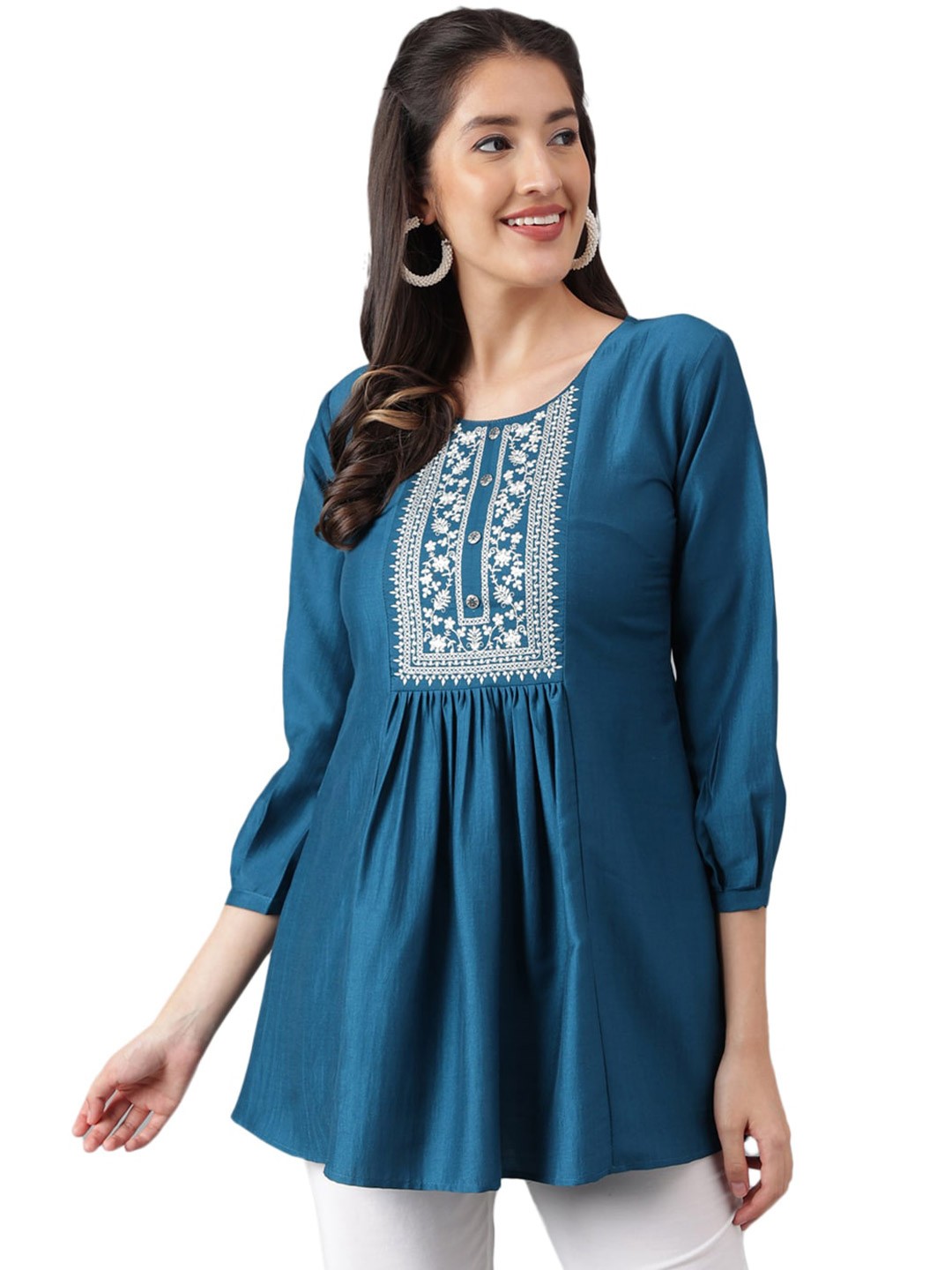 

KALINI Floral Yoke Design Thread Work Pleated A-Line Kurti, Blue