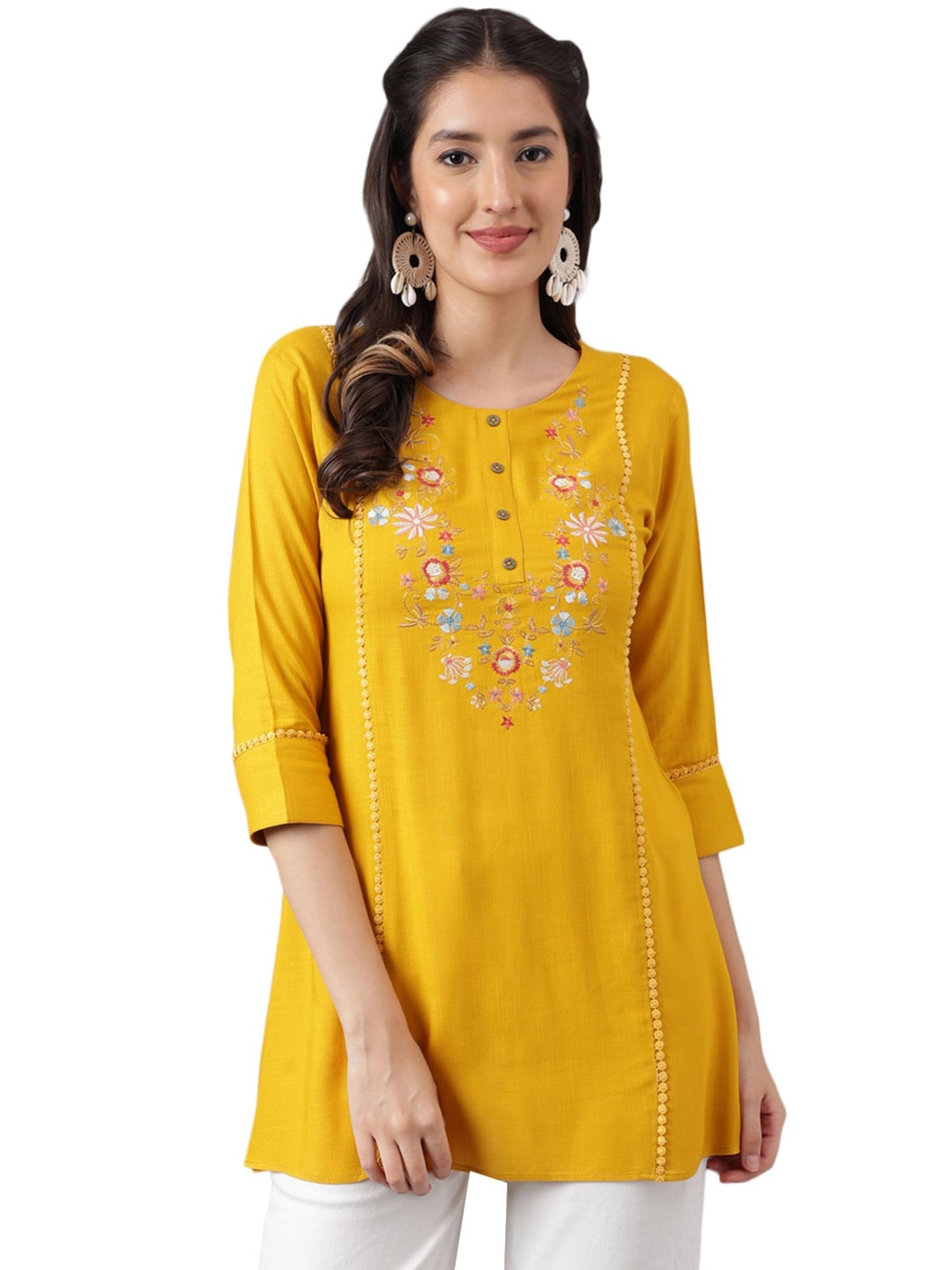 

KALINI Floral Embroidered A-Line Kurti, Mustard