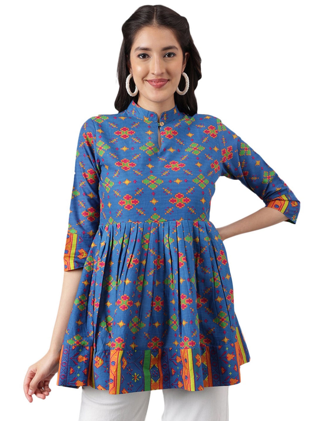 

KALINI Ethnic Motifs Printed Mandarin Collar Pure Cotton Pleated A-Line Kurti, Blue