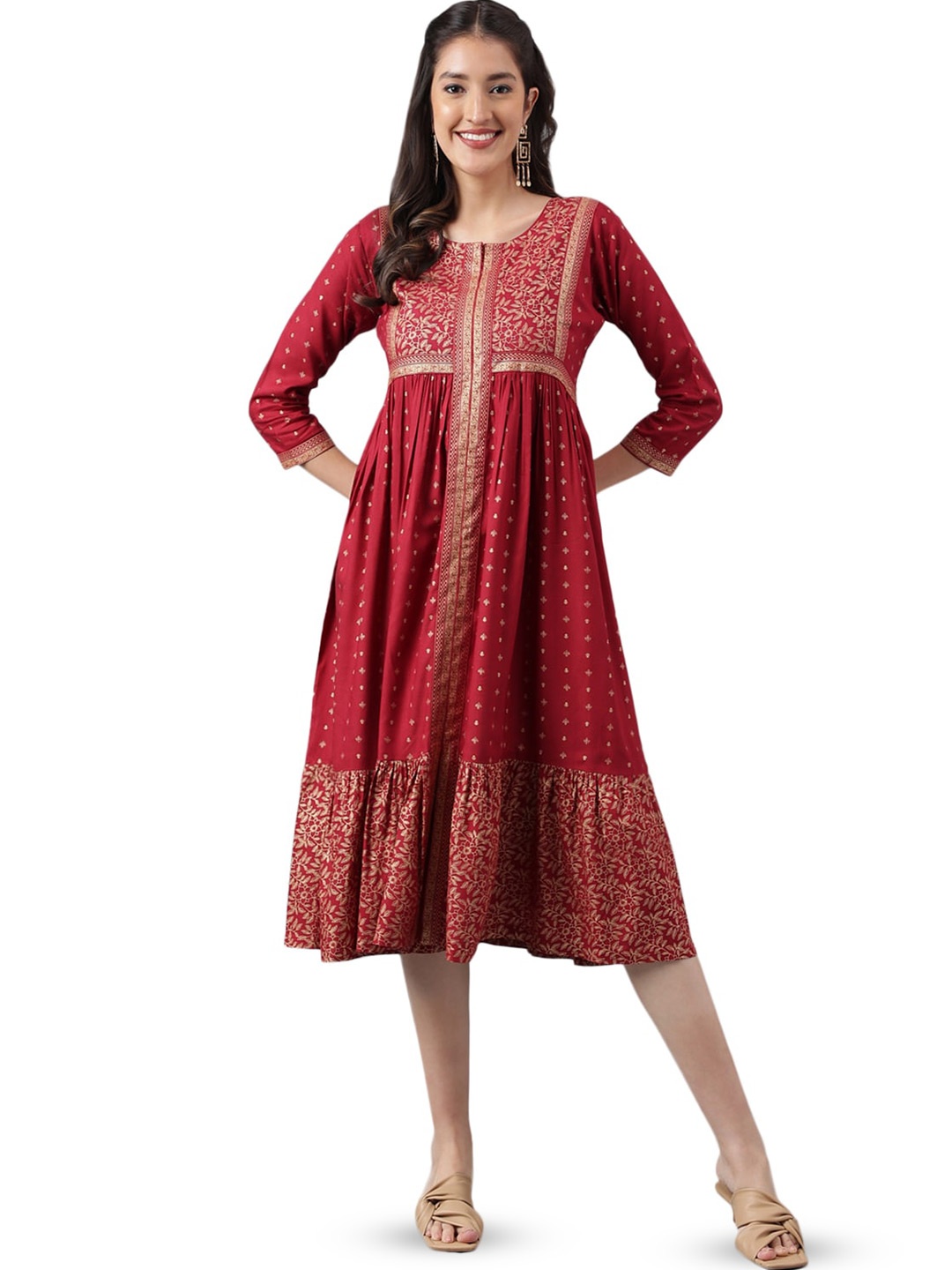 

Nimayaa Ethnic Motifs Print A-Line Midi Dress, Maroon
