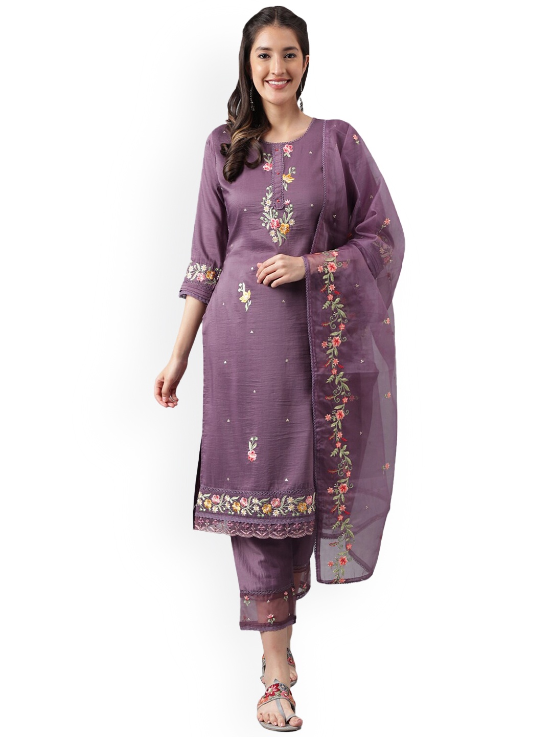 

Nimayaa Floral Embroidered Regular Thread Work Kurta with Trousers & Dupatta, Purple