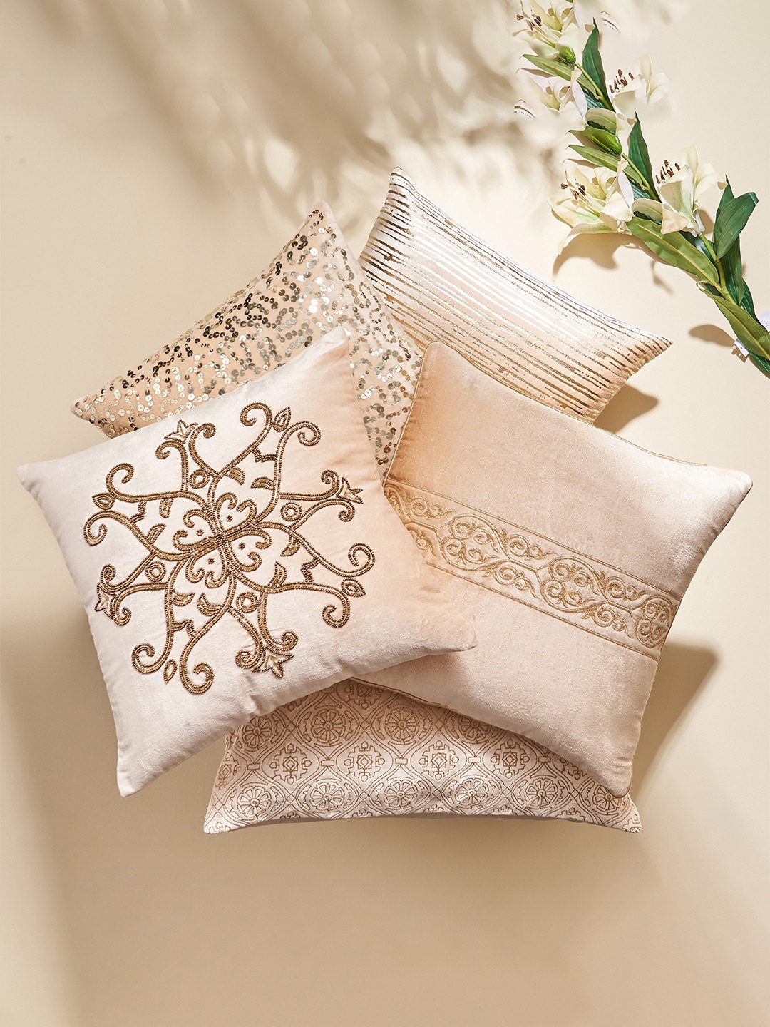 

Home Centre Vellum Beige & Gold-Toned Striped Square Cushion Cover