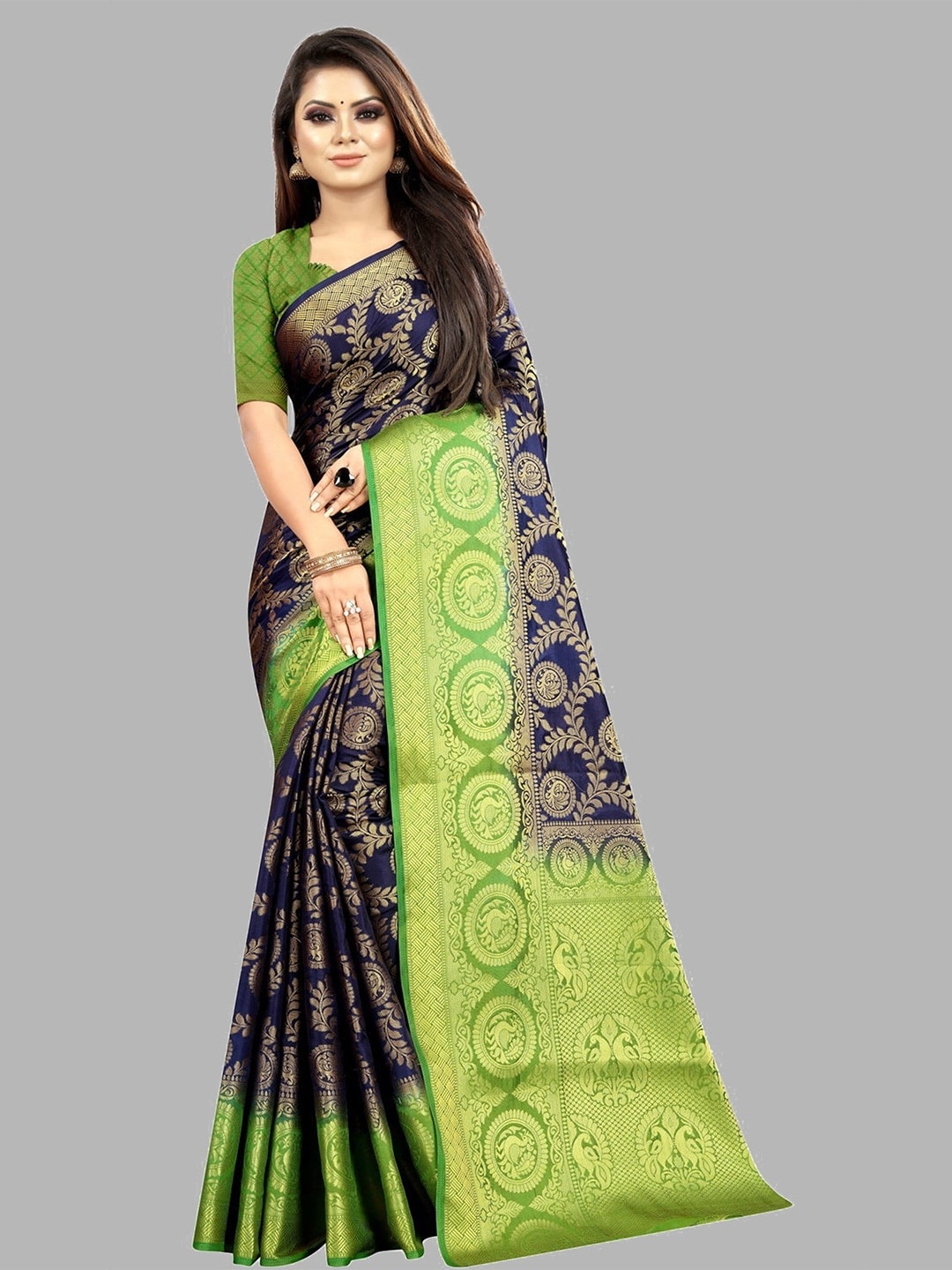 

Paramparik Textile Ethnic Motifs Woven Design Zari Pure Silk Banarasi Saree, Navy blue