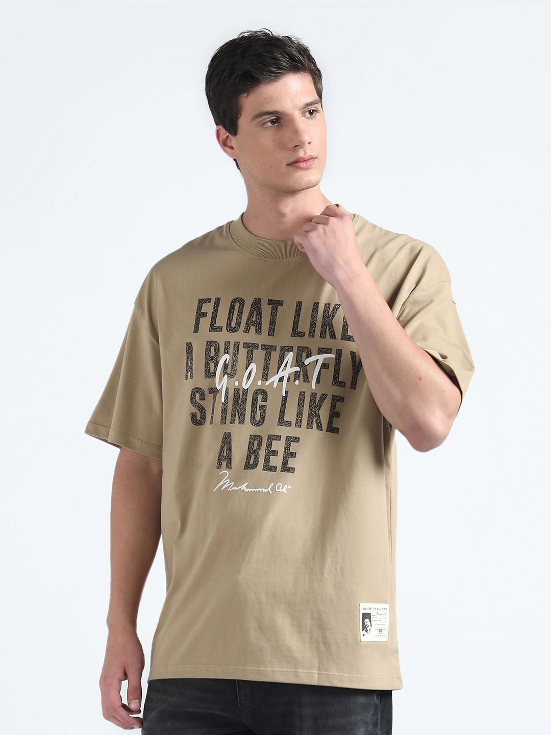 

Flying Machine Typography Printed Drop-Shoulder Sleeves Oversized Pure Cotton T-shirt, Brown