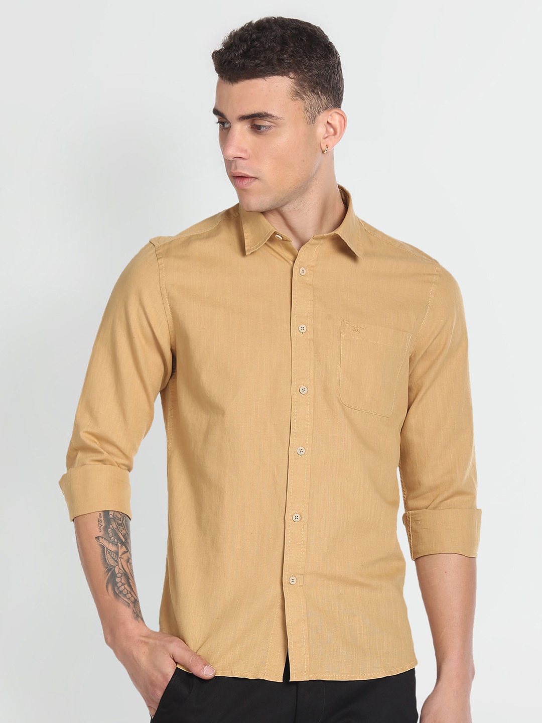 

Flying Machine Spread Collar Slim Fit Cotton Casual Shirt, Brown