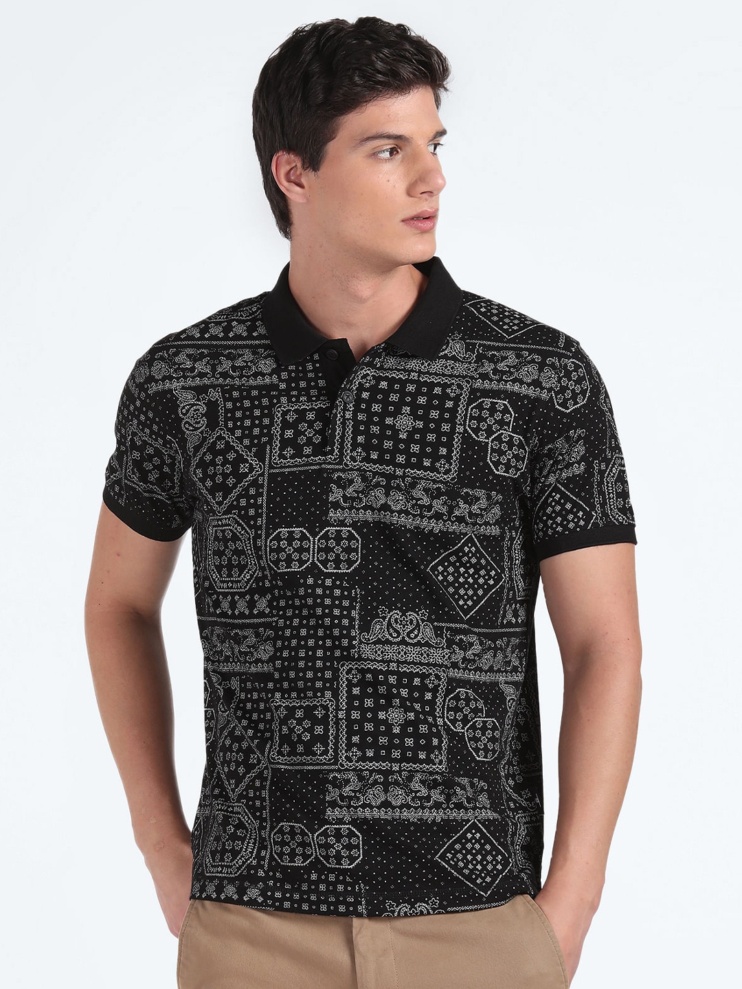 

Flying Machine Abstract Printed Polo Collar Pure Cotton T-shirt, Black