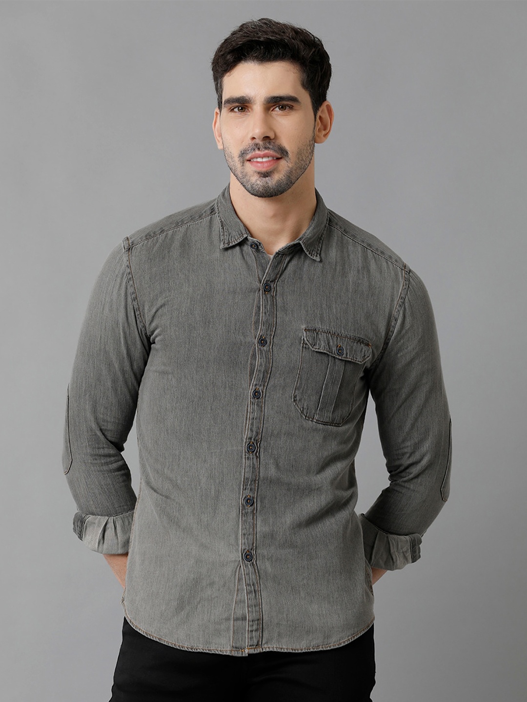 

YOVISH Faded Comfort Denim Casual Shirt, Grey melange