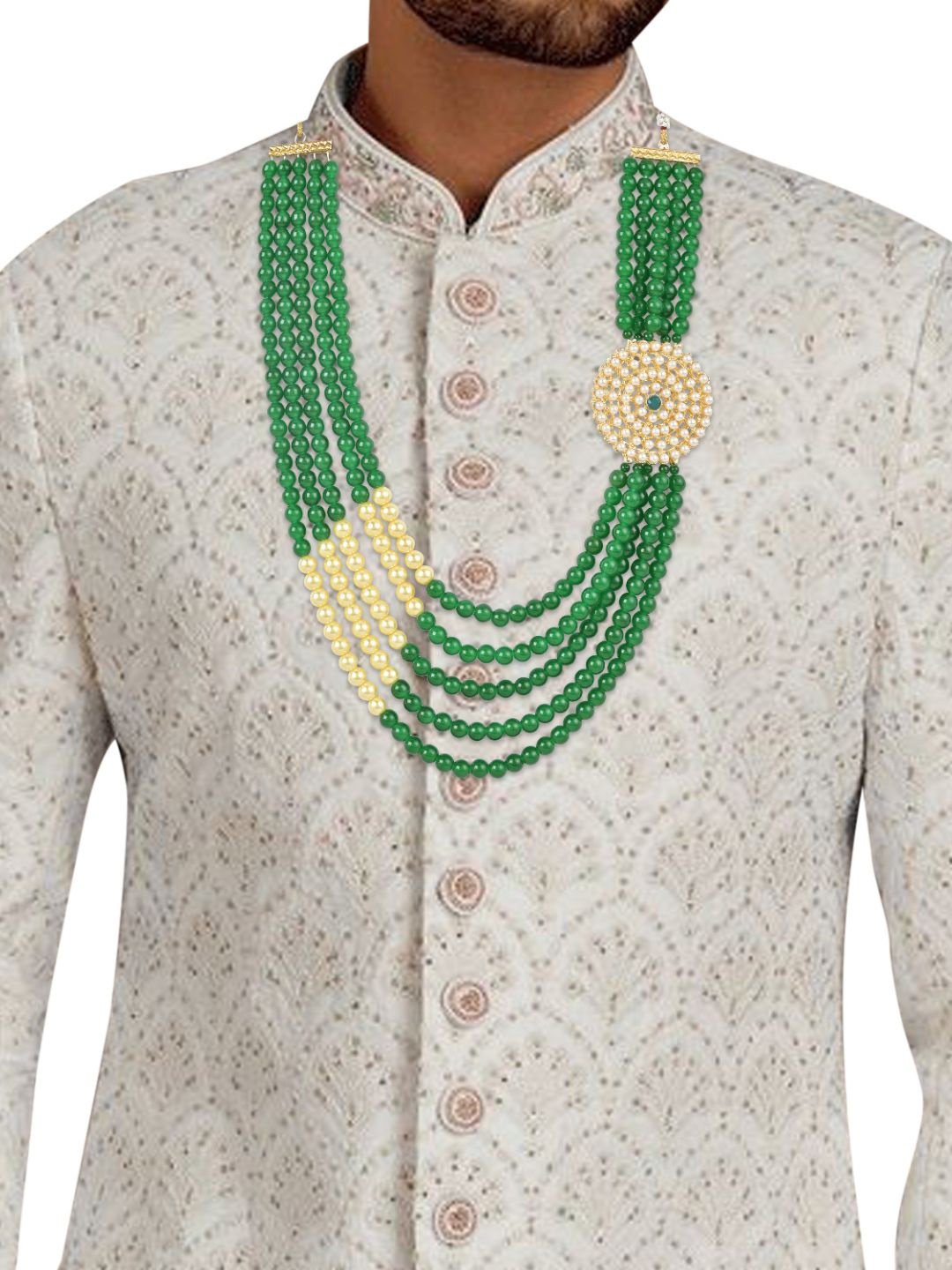 

I Jewels Men Gold-Plated Artificial Beads Studded Layered Necklace, Green