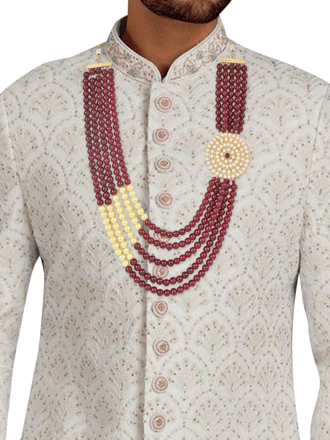 

I Jewels Men Gold-Plated Artificial Beads Studded Layered Necklace, Maroon