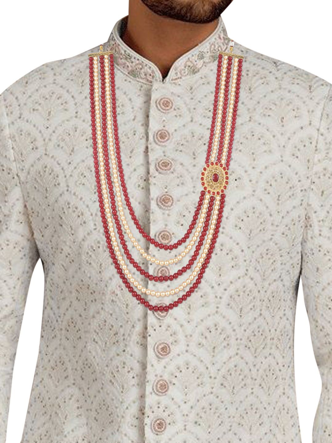 

I Jewels Men Gold-Plated Artificial Beads Studded Layered Necklace, Maroon