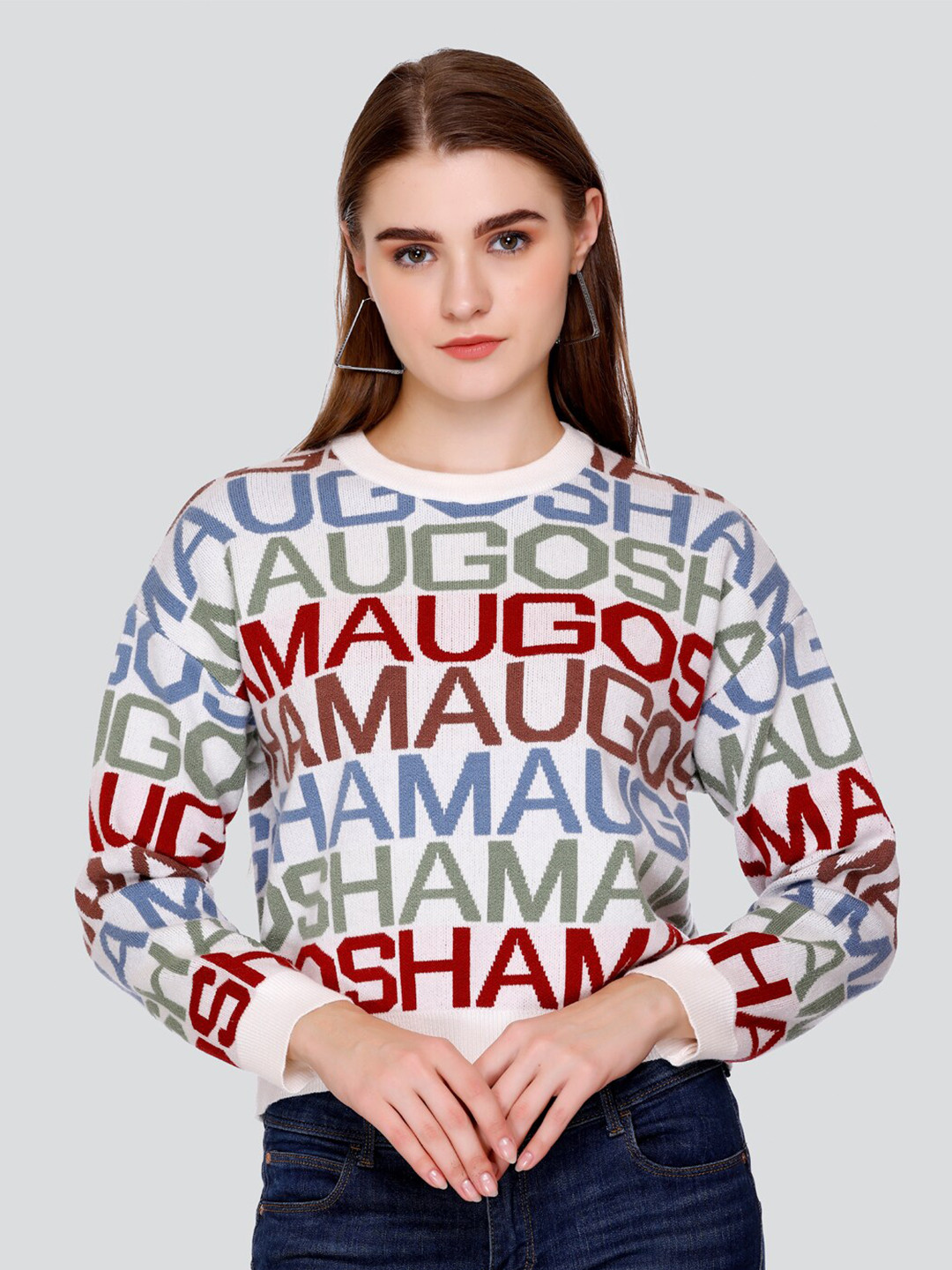 

GOSHA & MAU Typographic Printed Woollen Top, White