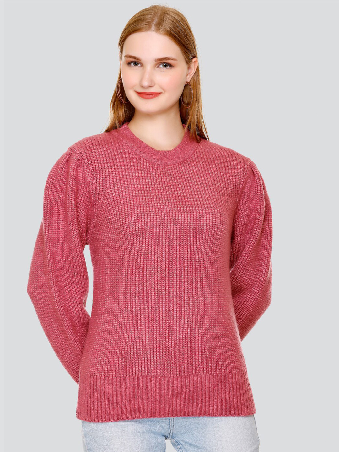 

GOSHA & MAU Self Designed Round Neck Woollen Pullover, Pink