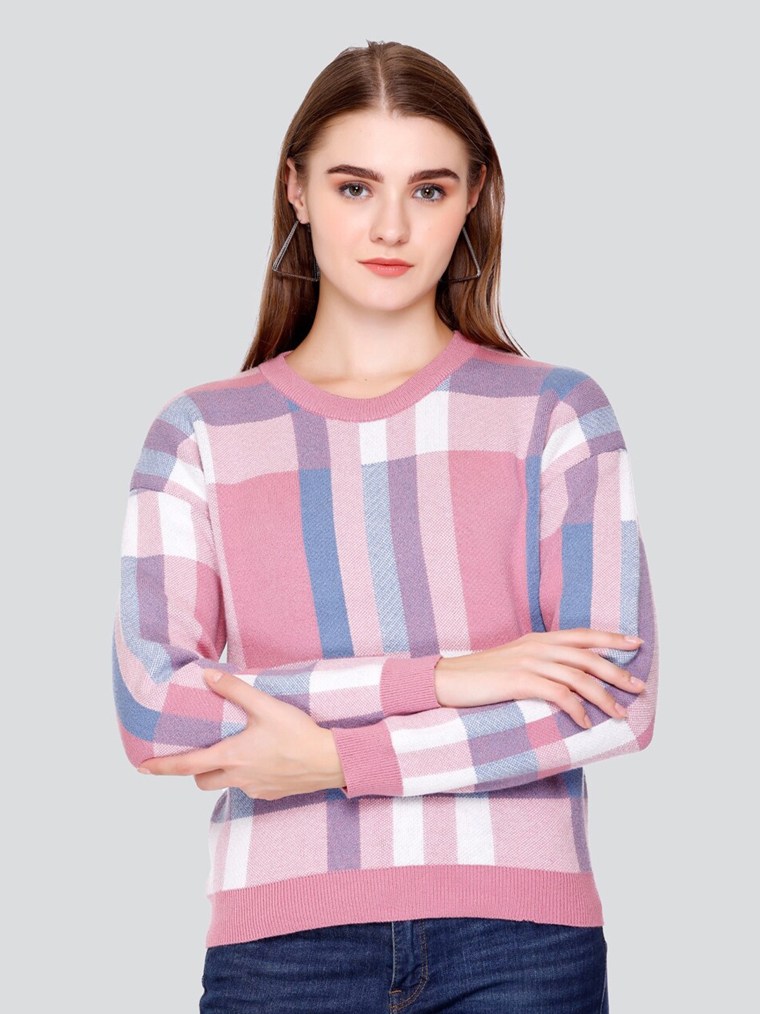 

GOSHA & MAU Striped Round Neck Woollen Pullover, Pink