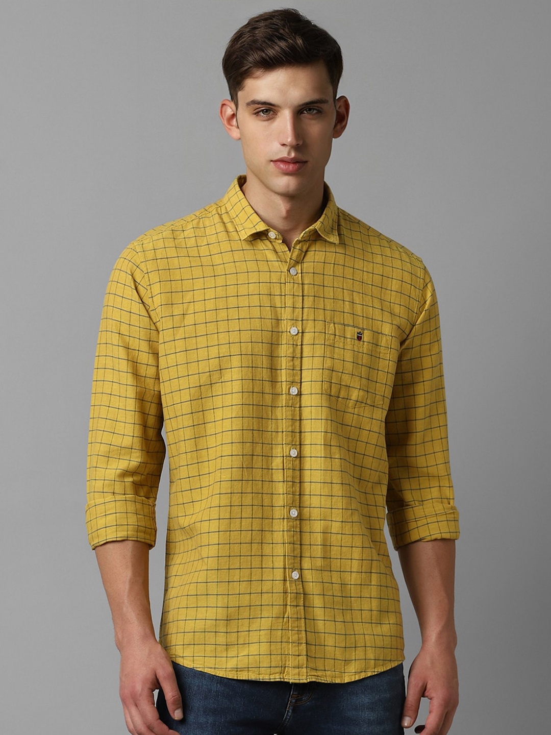 

Louis Philippe Jeans Slim Fit Opaque Checked Cotton Linen Casual Shirt, Yellow